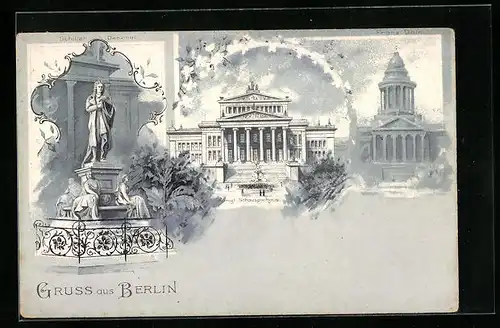 Lithographie Berlin, Schiller-Denkmal, Kgl. Schauspielhaus, Franz. Dom