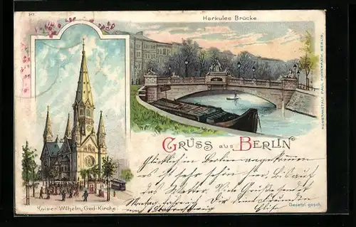 Lithographie Berlin, Herkules-Brücke, Kaiser Wilhelm Gedächtnis-Kirche