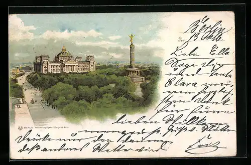 Lithographie Berlin, Blick auf Reichstagsgebäude und Siegessäule