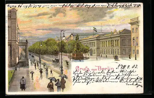 Lithographie Berlin, Unter den Linden mit Passanten bei Regen