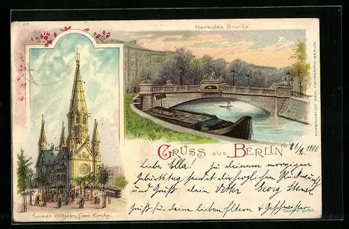 Lithographie Berlin, Herkules Brücke, Kaiser Wilhelm Gedächtnis-Kirche