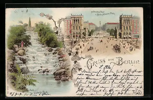 Lithographie Berlin, Wasserfall im Victoria Saal, Hallesches Thor und Belle-Alliance-Platz