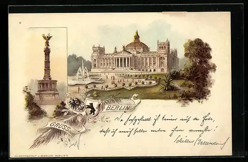 Lithographie Berlin, Siegessäule, Reichstagsgebäude