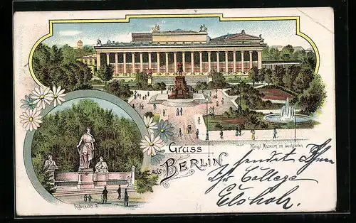 Lithographie Berlin, Kgl. Museum im Lustgarten, Denkmal Albrecht II.
