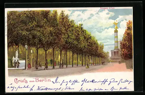 Lithographie Berlin, Siegesallee mit Spaziergängern und Siegessäule