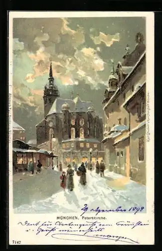 Lithographie München, Winteridylle an der Peterskirche