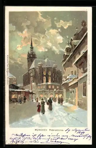 Lithographie München, Winteridylle an der Peterskirche