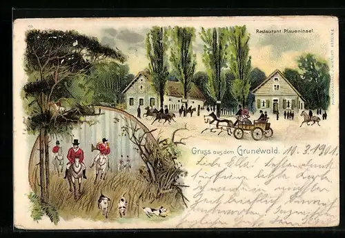 Lithographie Berlin-Grunewald, Restaurant Pfaueninsel, Jagdszene