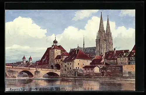 Künstler-AK Regensburg, Blick v. unteren Wörth