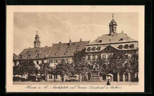 AK Hanau a. M., Marktplatz mit Grimm-Denkmal und Rathaus