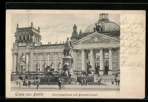 AK Berlin, Reichstagsgebäude und Bismarckdenkmal