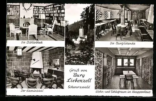 AK Bad Liebenzell /Schwarzwald, Burg Liebenzell-Burgschenke, Wohn-u. Schlafraum im Knappenhaus, Bibliothek, Kaminsaal