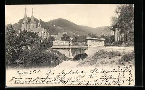 AK Marburg, Teilansicht mit Brücke und Elisabethkirche