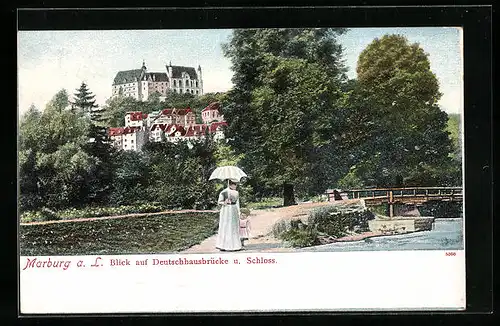 AK Marburg a. L., Blick auf Deutschhausbrücke und Schloss