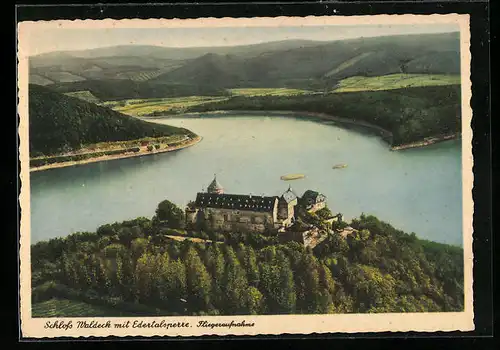 AK Waldeck, Schloss mit Edertalsperre vom Flugzeug aus
