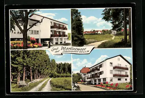 AK Martinsmoos /Schwarzwald, Walderholungsheim Pension Kübler mit Ortsansicht und Partie am Wald