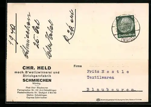 AK Schmiechen /Württ., Geschäftskarte Chr. Held, mech. B`wollzwirnerei und Strickgarnfabrik