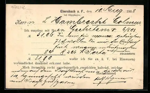 AK Ebersbach a. F., Mitteilungskarte von Adolf Wagner
