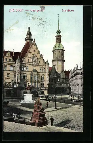 AK Dresden, Georgentor, Schlossturm, Strassenbahn