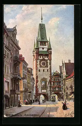 AK Freiburg i. Br., Martinstor mit Strassenbahn