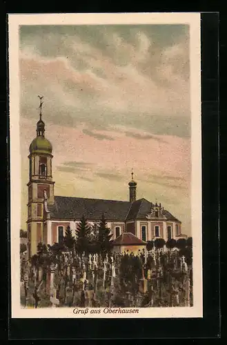 AK Oberhausen, Kirche mit Friedhof