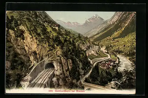 AK Wassen, Tunnel und Bahnlinie der Gotthardbahn