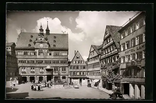 AK Tübingen, Marktplatz mit Rathaus und Hotel Lamm
