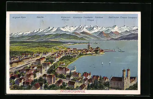 AK Friedrichshafen a. B., Gesamtansicht mit Gebirgskette
