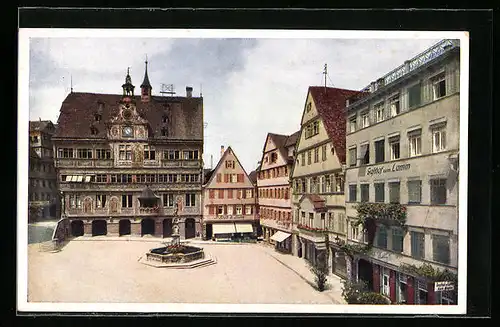 AK Tübingen a. N., Marktplatz mit Rathaus und Hotel Lamm