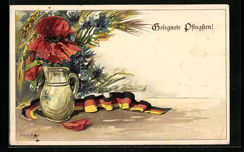 AK Gesegne Pfingsten, Deutschnationaler Verein für Österreich, Banner und Mohnblume in einer Vase