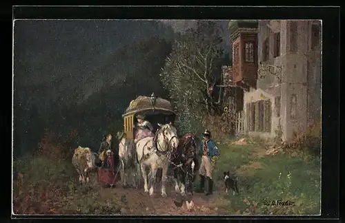 Künstler-AK Postkutsche mit Passagieren vor einem Gebäude