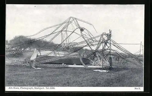 AK Echterdingen, zerstörtes Zeppelin-Luftschiff, Gondel nach der Katastrophe am 05.August 1908