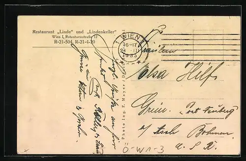 AK Wien, Restaurant Linde und Lindenkeller, Rotenturmstrasse 12