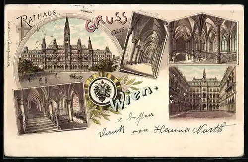 Lithographie Wien, Rathaus, Rathauspartie Arkaden im Hof und Hofansicht