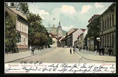 AK Durlach, Hauptstrasse mit Turmberg und Kirche