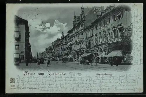 Mondschein-AK Karlsruhe, Kaiserstrasse mit Wiener Cafe Central