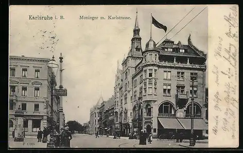 AK Karlsruhe i. B., Moninger mit Karlstrasse