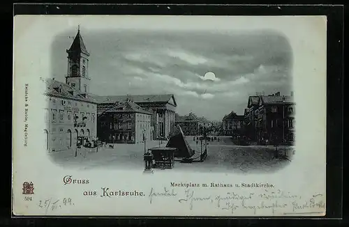 Mondschein-AK Karlsruhe, Marktplatz mit Rathaus und Stadtkirche