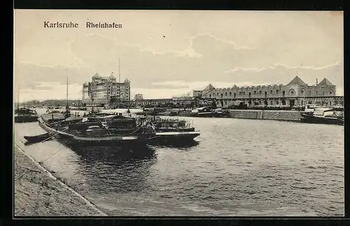 AK Karlsruhe, Rheinhafen mit Frachtkähnen