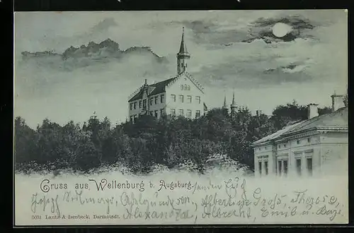Mondschein-AK Wellenburg bei Augsburg, Teilansicht mit Kirche