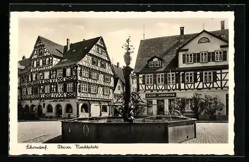 AK Schorndorf, Oberer Marktplatz mit Brunnen und Gaupp-Apotheke