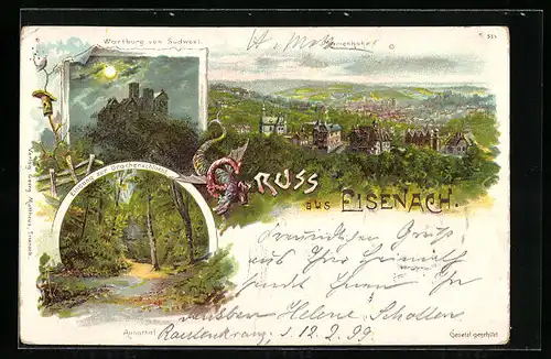 Lithographie Eisenach, Ortsansicht, Wartburg bei Mondschein