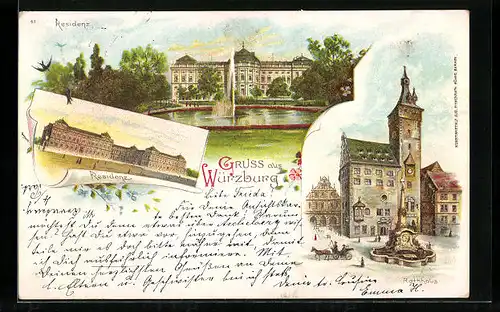 Lithographie Würzburg, Residenz und Rathaus