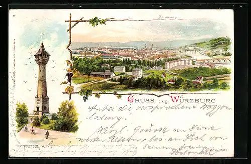 Lithographie Würzburg, Panorama der Stadt, Franken-Warte