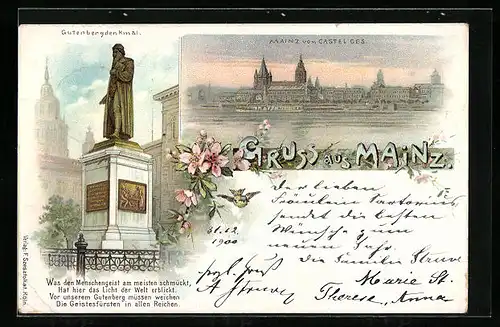 Lithographie Mainz, Ortsansicht von Castel aus, Gutenbergdenkmal
