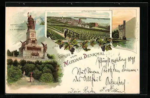 Lithographie Rüdesheim, Ortsansicht mit Umgebung, Niederwald-Denkmal