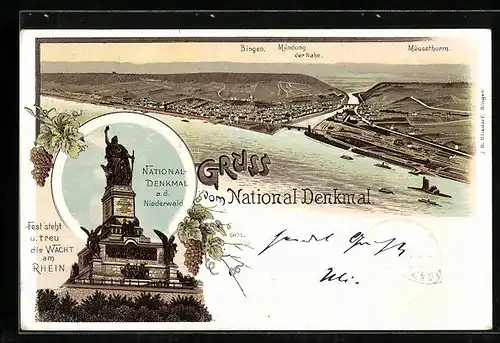 Lithographie Bingen, Gesamtansicht mit Nahemündung, Niederwald-Denkmal