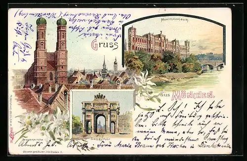 Lithographie München, Siegesthor, Maximilianeum, Frauenkirche