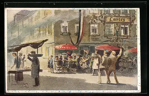 Künstler-AK Coburg, Strassenpartie am Gasthof Loreley