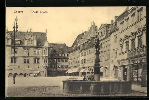 AK Coburg, Markt, Ostseite mit Brunnen